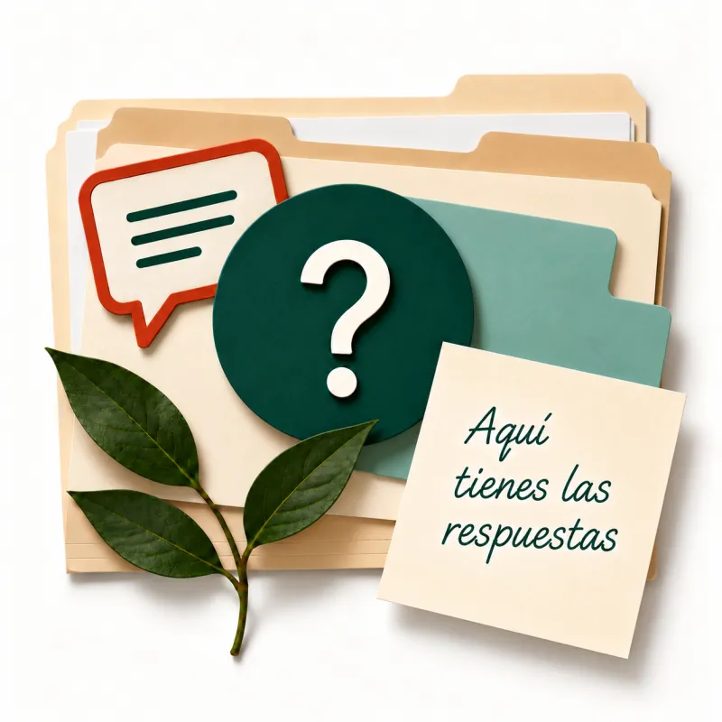 Composición de documentos, hojas y un signo de interrogación con la nota Aquí tienes las respuestas