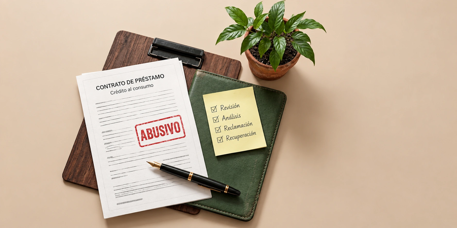 Contrato de préstamo sobre una carpeta verde, con un bolígrafo y notas para revisar sus condiciones